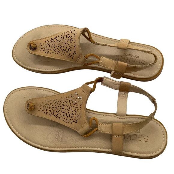 Sperry Laser Cut Floral Leather Thong Sandals 10 Slingback Neutral Flat - Picture 5 of 8
